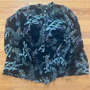 Free People Blouse Size XS Black Peacock Button Front 3/4 Balloon Sleeve Shirt